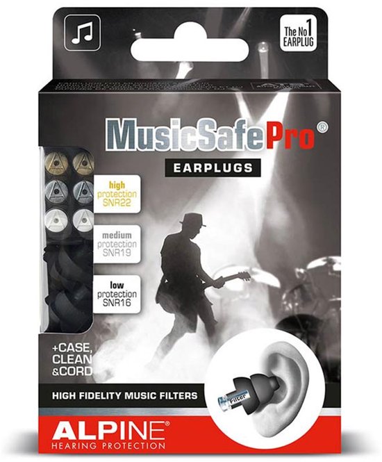 Alpine MusicSafe Pro verpakking, met oorpluggen, filters, etui en reinigingsspray.