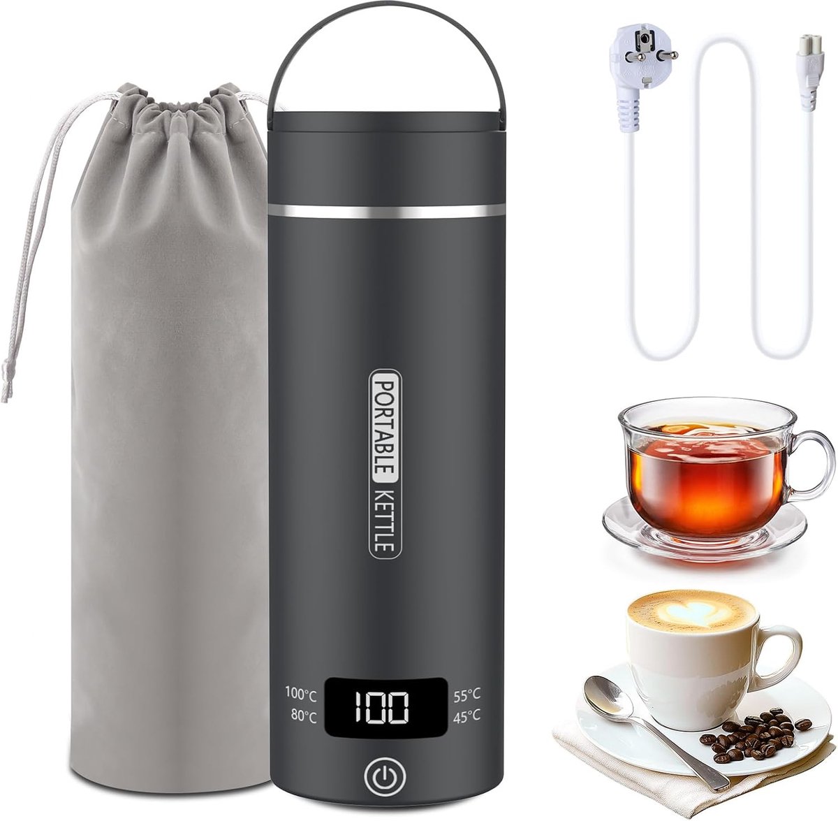 Reis waterkoker - Mini waterkoker - Snel water koken - Intelligente temperatuurregeling - 500 ml - Donkergrijs