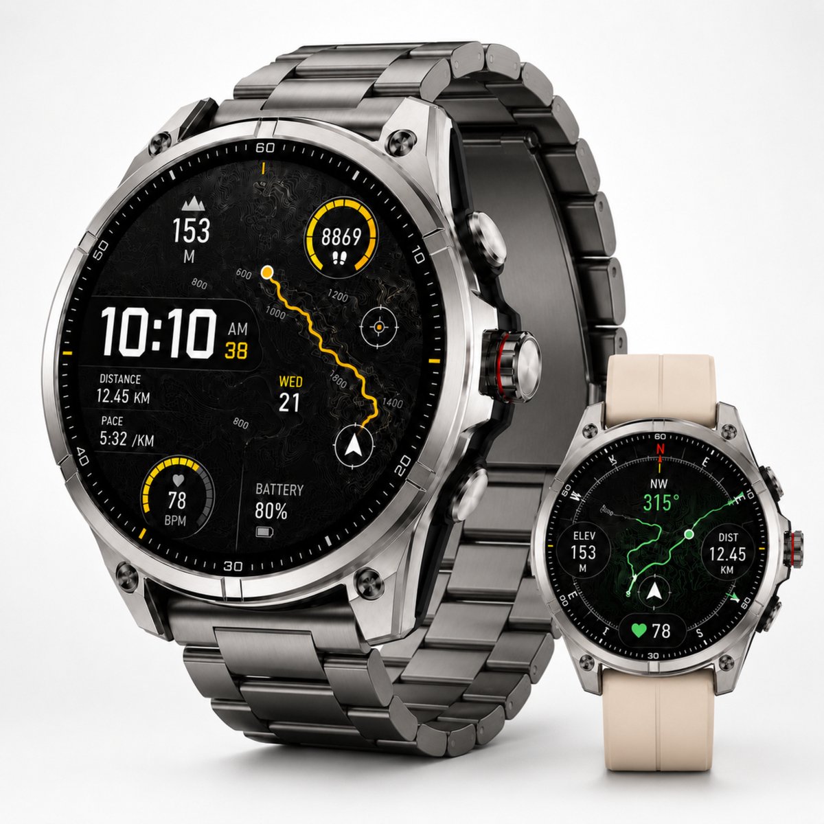 Royal Empire Smartwatch Heren met GPS & Belfunctie – Sporten Zonder Telefoon – 1.43” AMOLED – Hartslag & SpO2 – 5ATM Waterdicht – RVS & TPU Band – Zilver