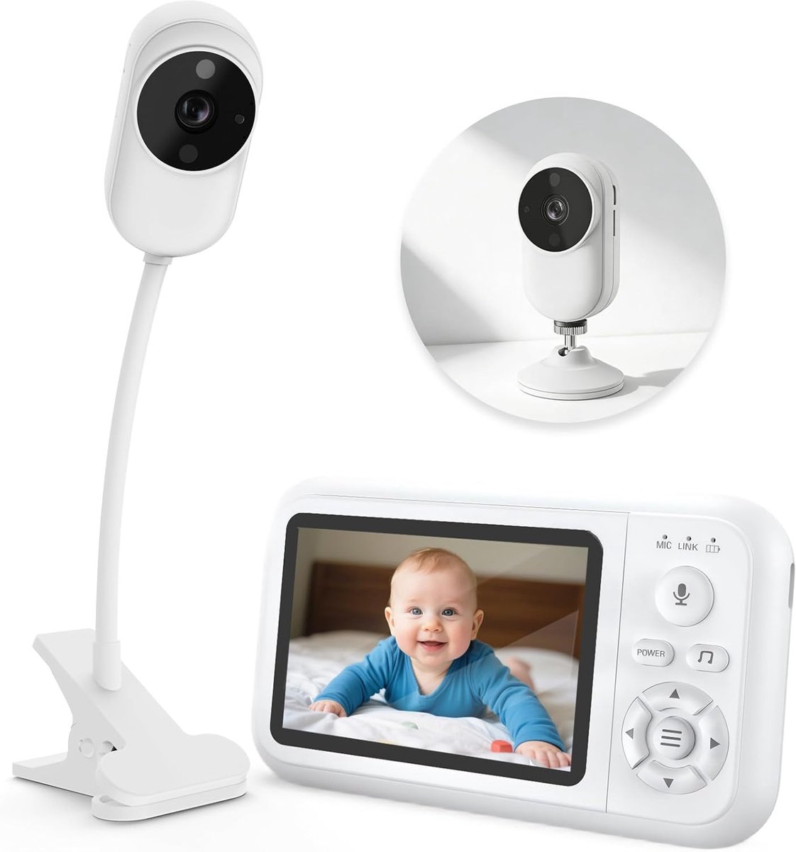 Babyfoon Camera - Video Monitor - Kind Bewaken - Wifi Vrije Verbinding - 35 Inch Display - Wit