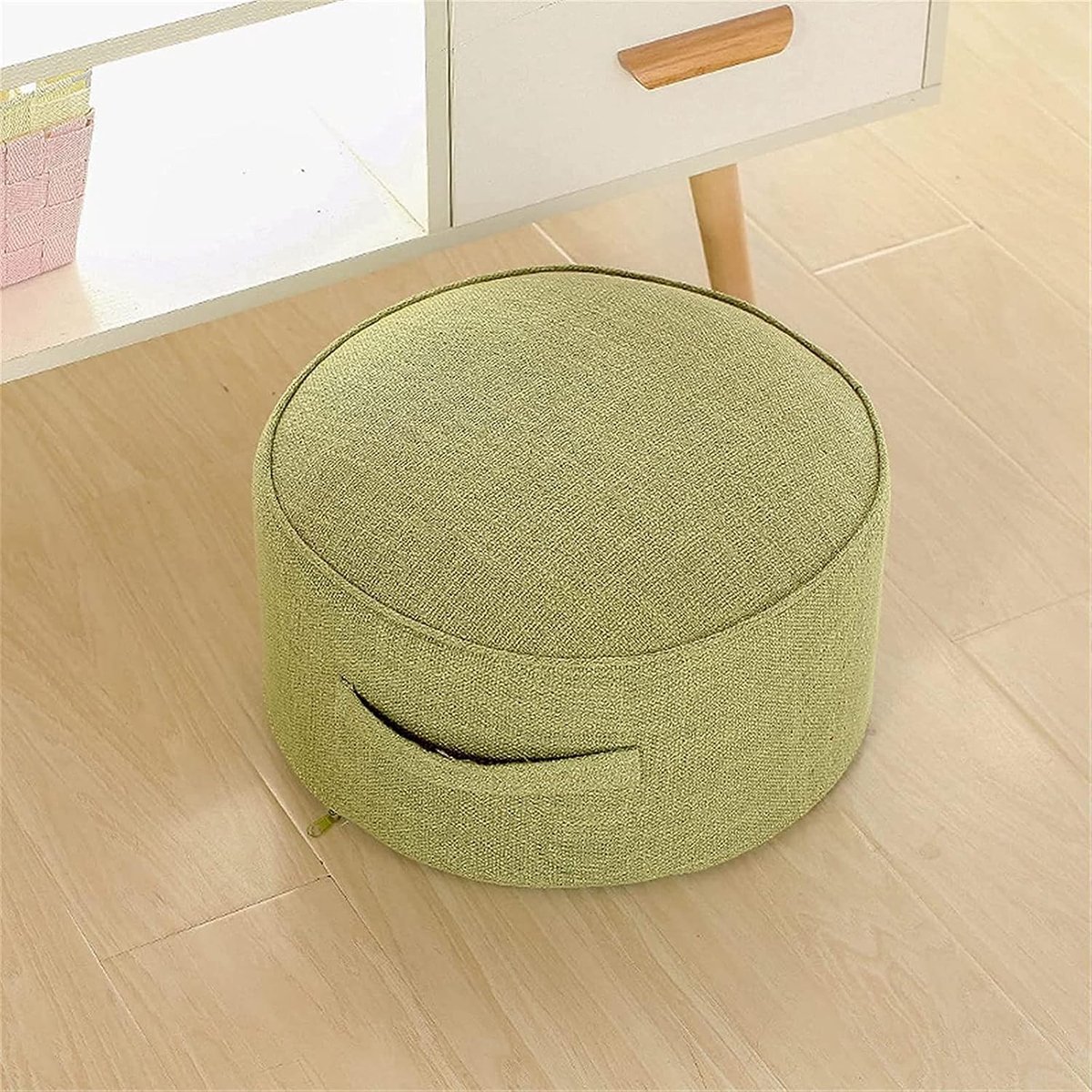 Voetenbank Rond - Poef Zitkussen - Ontspannen Zitten - Ademend Katoen Linnen - 38x20 cm - Groen