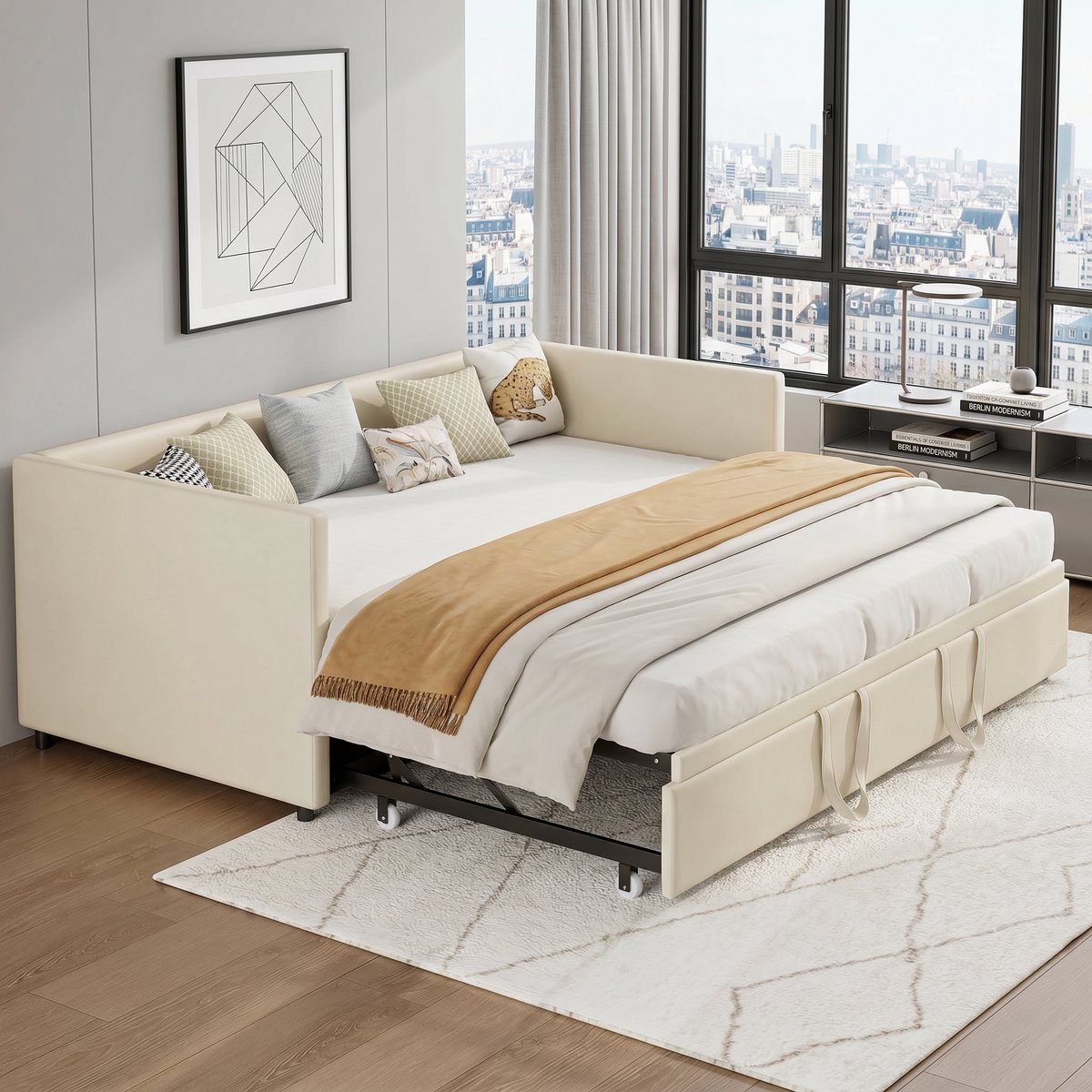 MEXUS Fluweel Gestoffeerd Daybed 90x200 cm met Lattenbodem,Slaapbank en Uitklapbaar Logeerbed,Ruimtebesparend Voor Logeerkamer,beige,Zonder Matras