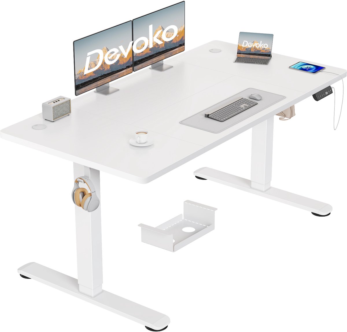 Devoko Elektrisch Zit-Sta Bureau 140x70 cm – 18 mm Dik Tafelblad – 3 Geheugenstanden – USB en Zit-alarm – Kabelmanagement – Wit frame met wit blad