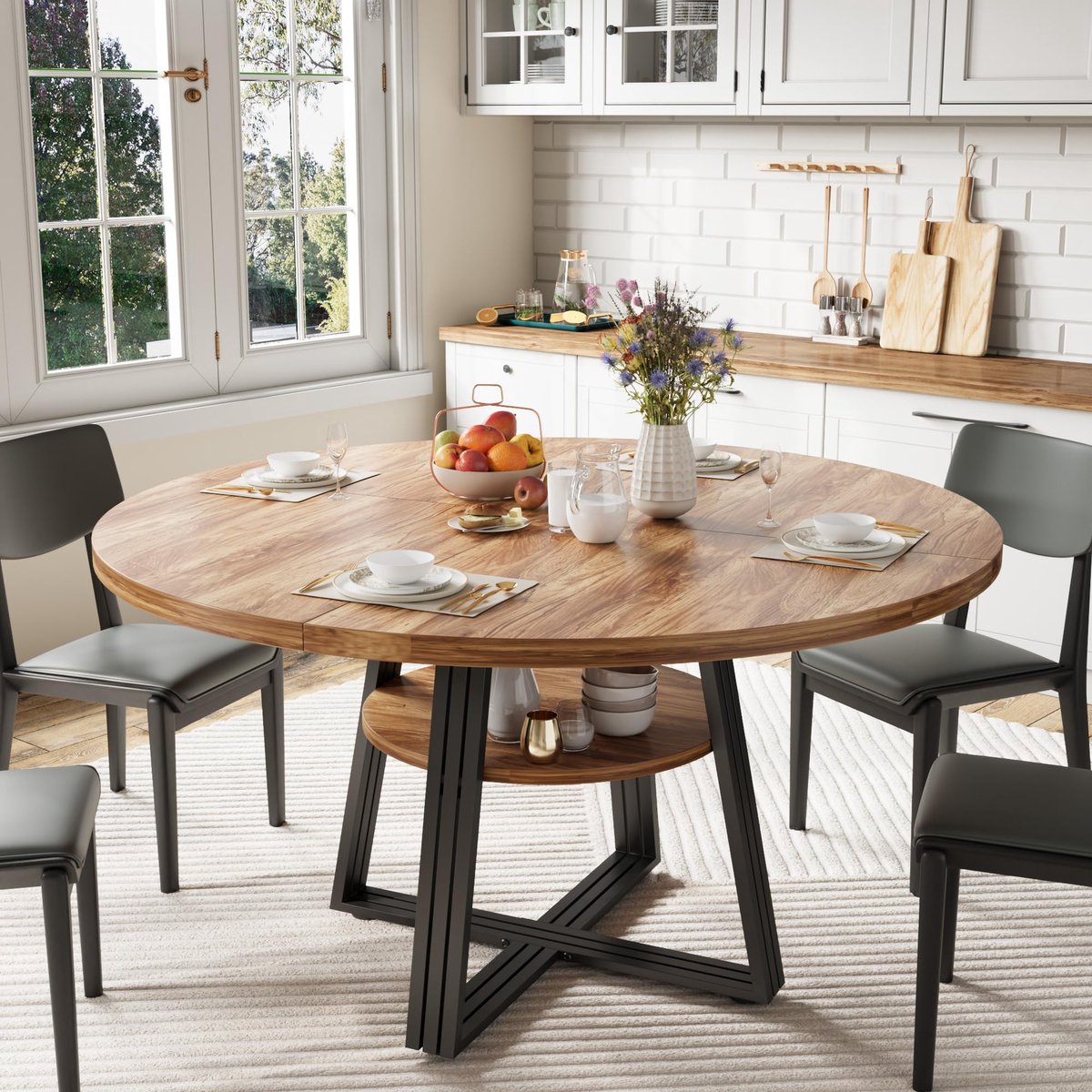 Eettafel Rond met Opbergrek - 120x120x75cm - Keukentafel met metalen onderstel - Ruimtebes