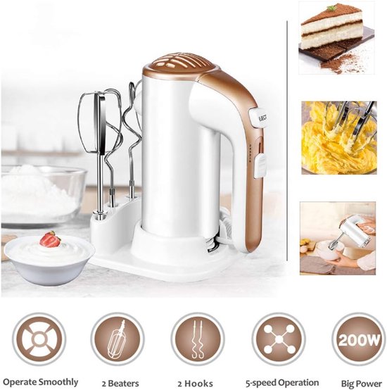 Elektrische Handmixer - Keukenmixer - Bakken en Mixen - 5 Snelheden Turbo - 200W - Wit — afbeelding 3