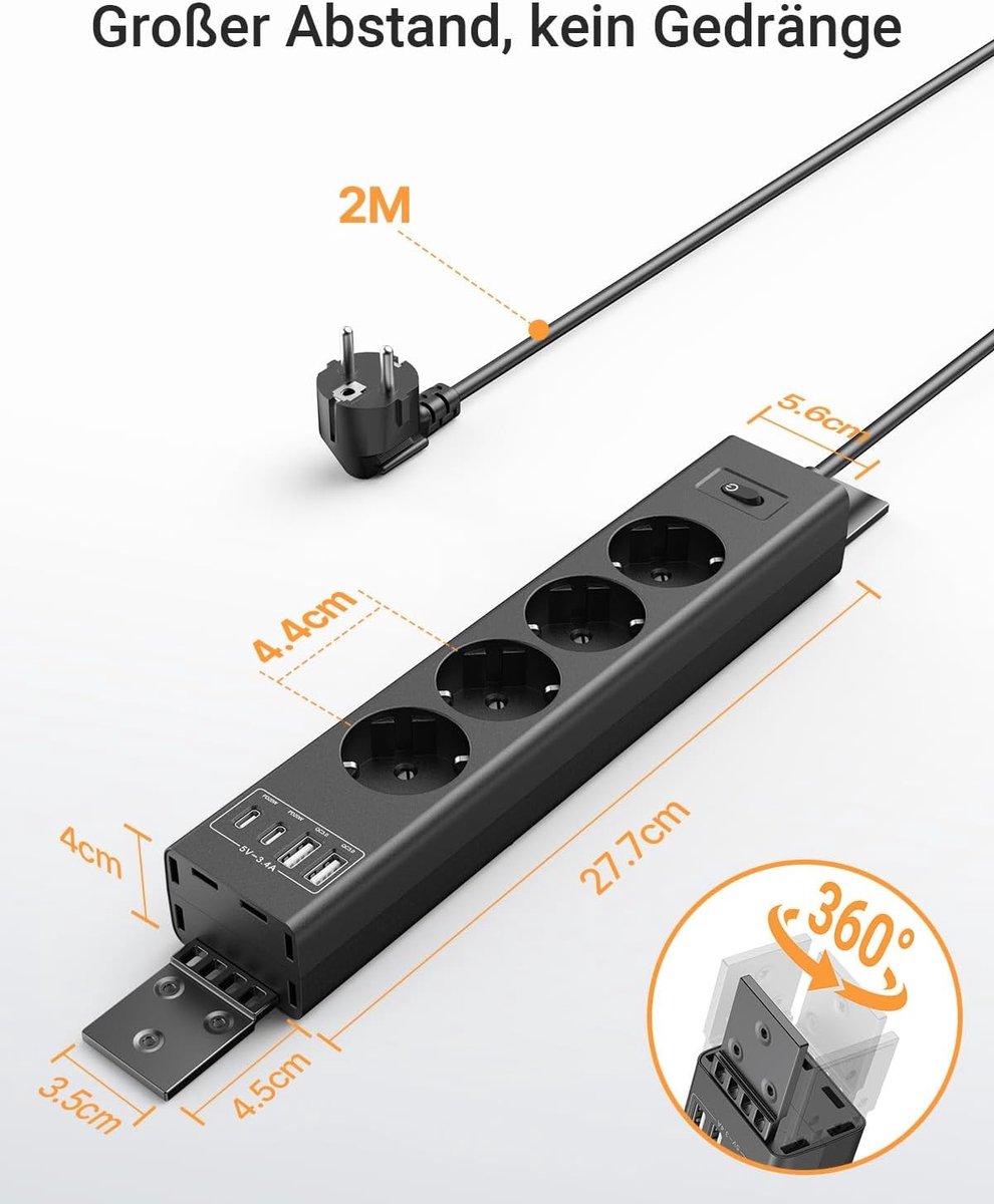 Stekkerdoos met USB-poorten - Draaibare bevestiging - 4 stopcontacten - Overbelastingsbeveiliging - Voor wand- en tafelmontage