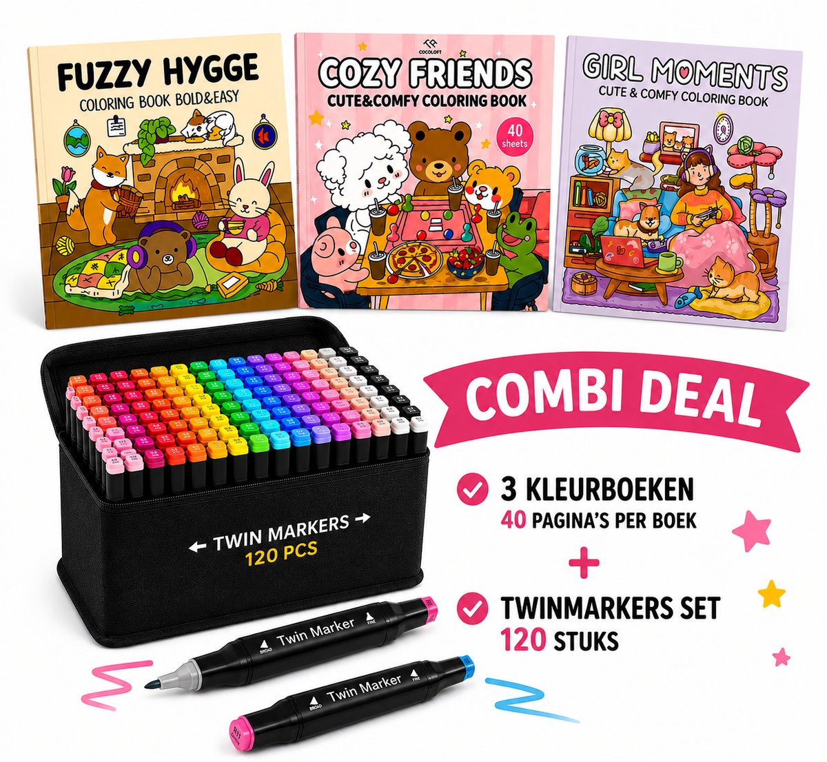 Twinmarkers - 120 STUKS - Alcohol markers - Dubbelzijdige Stiften - Markeerstiften - INC KLEURBOEKJES - Combi deal - Cozy Coloring Book - Fuzzy Hygge - alcoholstiften - Kleuren voor kinderen en volwassenen - Hobby & Professionele Set