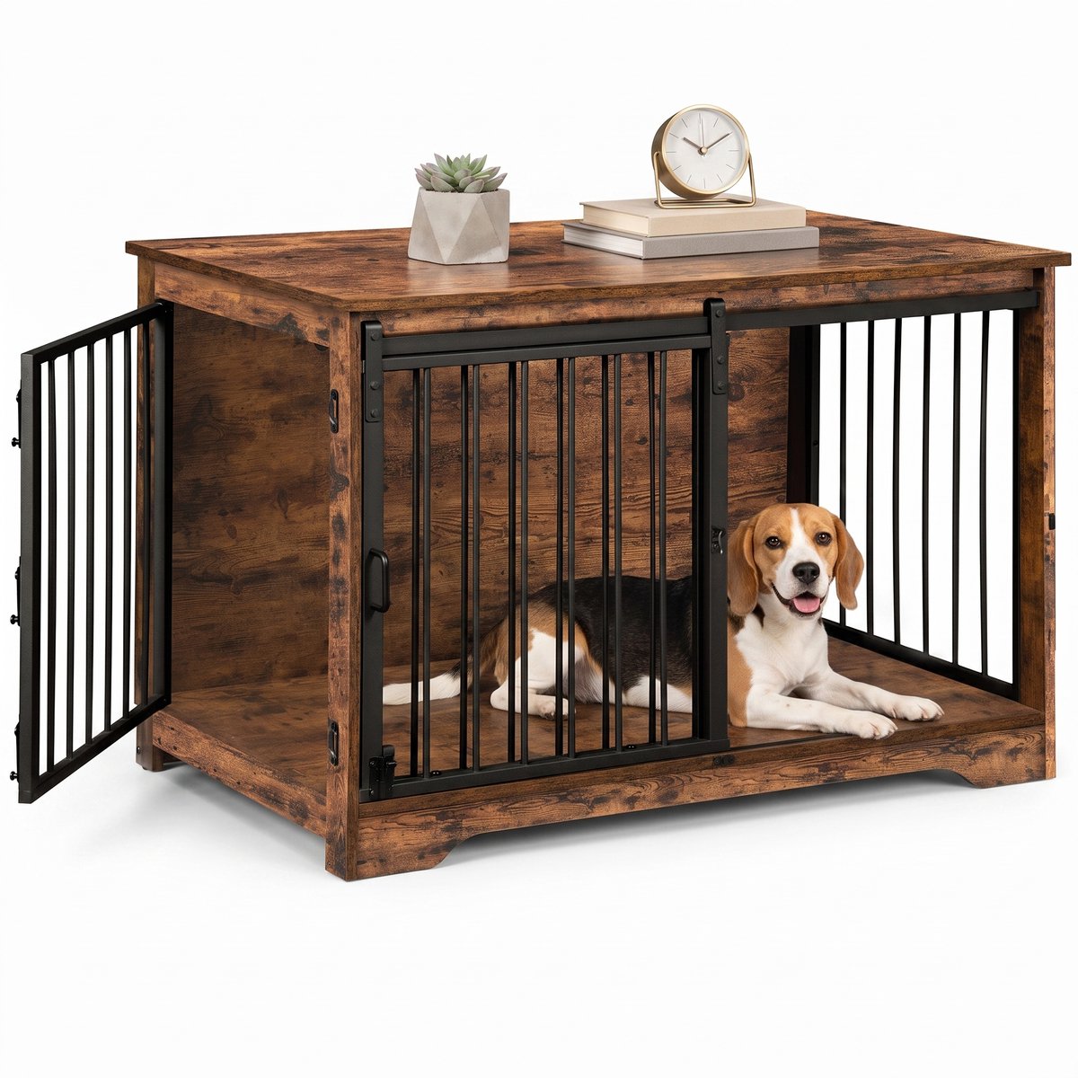 Aiverig® Hondenbench Hout Meubel – met Schuifdeur & Zijdeur – Hondenhok voor Binnen & Hondenkooi – Krasvrije Poten & Anti-knaag Sloten – Voor Middelgrote Honden – Bruin – 100×60×68 CM