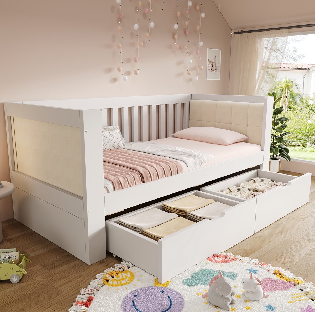 MEUNIQ slaapbank 90x200 cm wit met 2 lades, houten bedframe met lattenbodem, driezijdige rugleuning en afgeronde armleuningen, eenpersoons bed voor slaapkamer