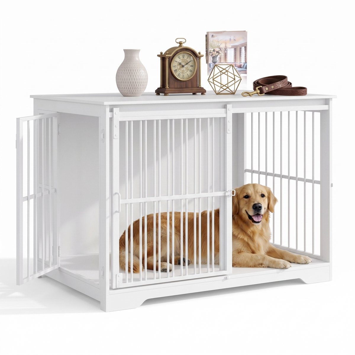 Aiverig® Hondenbench Hout Meubel XL – met Schuifdeur & Zijdeur – Hondenhok voor Binnen & Hondenkooi – Krasvrije Poten & Anti-knaag Sloten – Voor Grote Honden – Wit – 110×65×81 CM