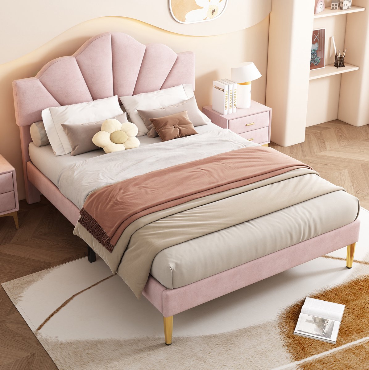 MEUNIQ gestoffeerd tweepersoons bed 140x190 cm met schelpvormig verstelbaar hoofdbord, houten lattenbodem, gouden metalen poten, roze slaapkamerbed