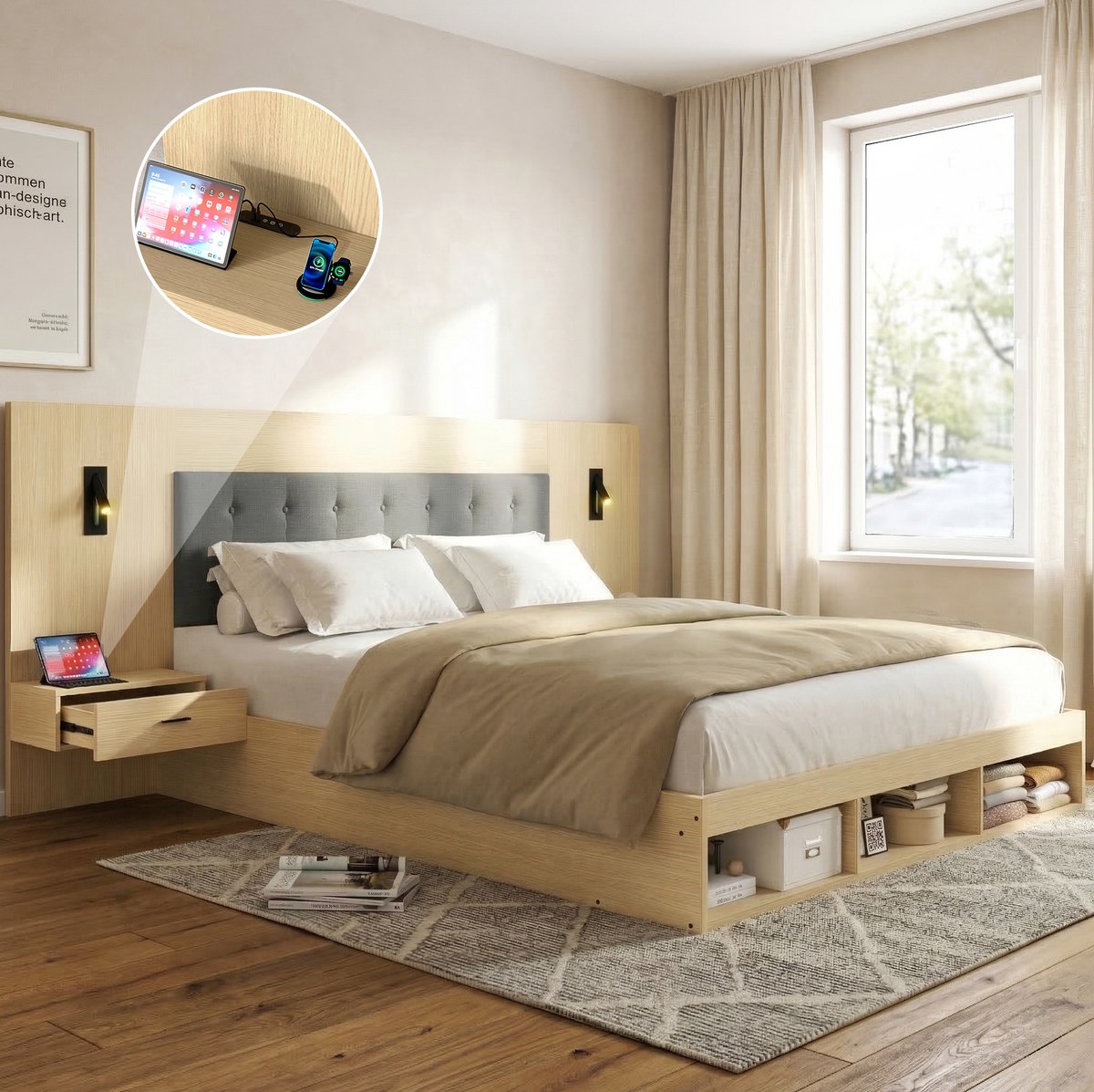 MEUNIQ tweepersoons bed 160x200 cm met opbergruimte, 2 nachtkastjes, USB en Type-C, draaib