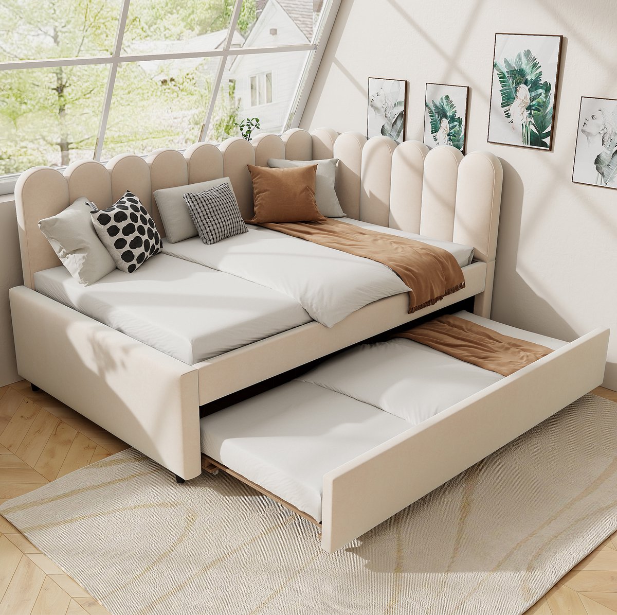 MEUNIQ L-vormige slaapbank 140 x 200 cm met uitrolbed, bloemvormige rugleuning en lattenbodem, gestoffeerd bed voor woonkamer of logeerkamer, beige