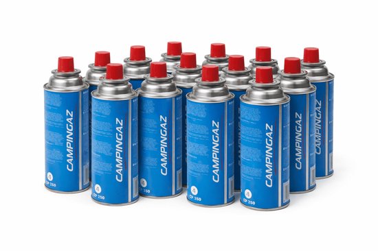 Groupe de cartouches de gaz bleues Campingaz CP-250 avec capuchon rouge.