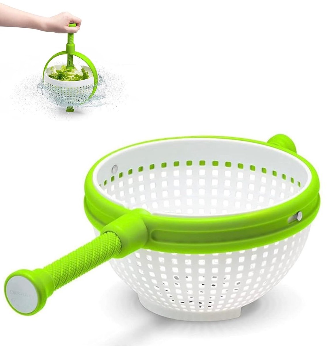 Opvouwbare Slaspinner - met Pompmechanisme - Compacte Slacentrifuge - met Snelstopknop 3 Liter 12 Cups - Grote Navulbare Droogmand - voor Groenten en Fruit - Handmatige Droger - met Antislip Bodem voor Keuken - Groen Wit