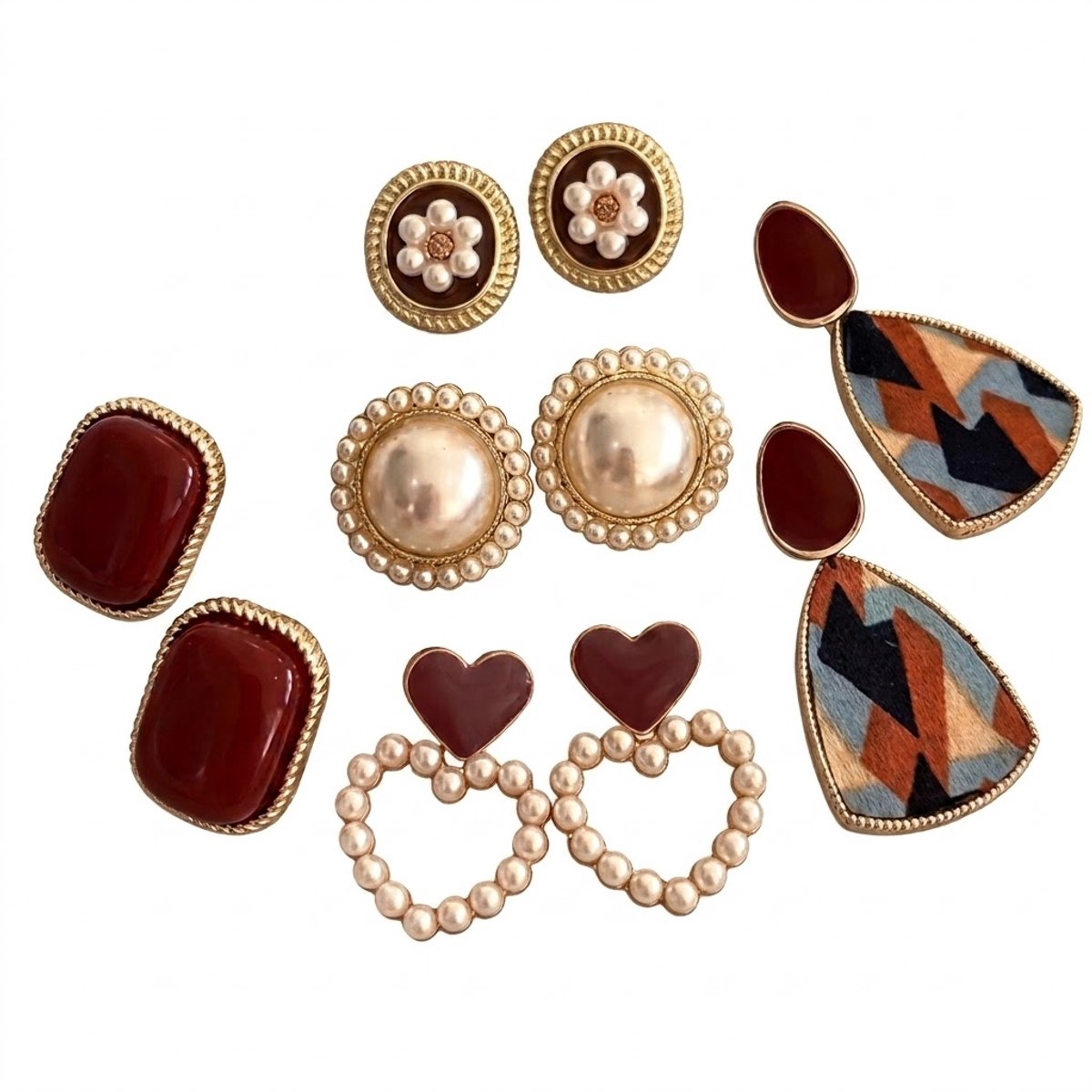 5 Paar Statement Oorbellen Set voor Dames – Goudkleurige Oorstekers met Parel-look, Hartjes, Geometrische Print en Retro Accenten