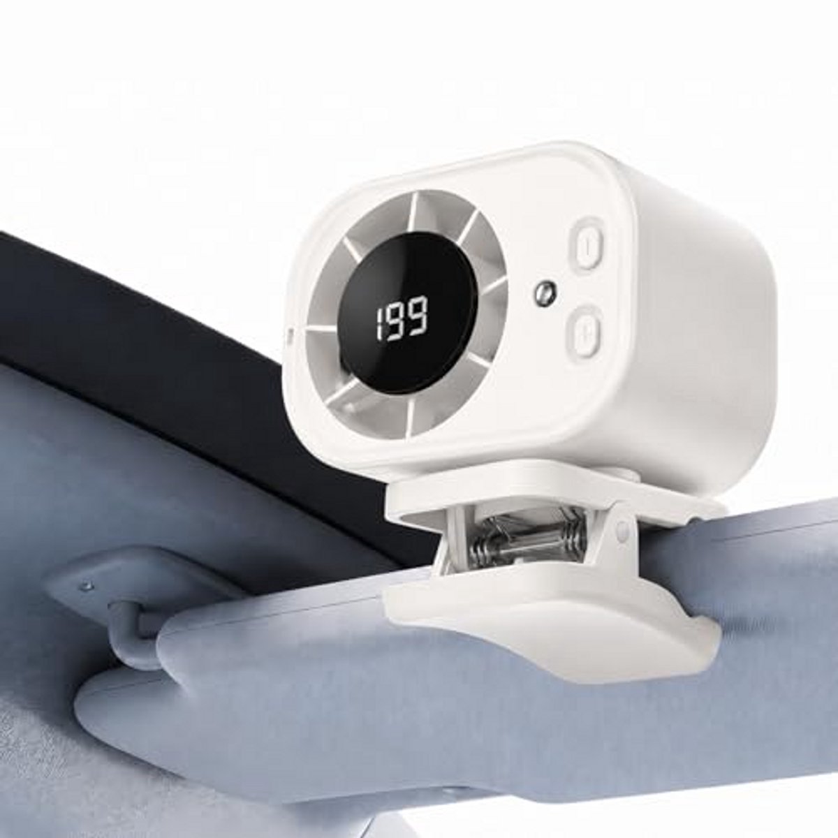 Autoventilator met clipbevestiging, 2026 draagbare autoventilator, 360° draaibaar, 199 snelheden, stille mini-ventilator zonder bladen met LED-verlichting, clipventilator geschikt voor auto's, werk en kamperen (wit)