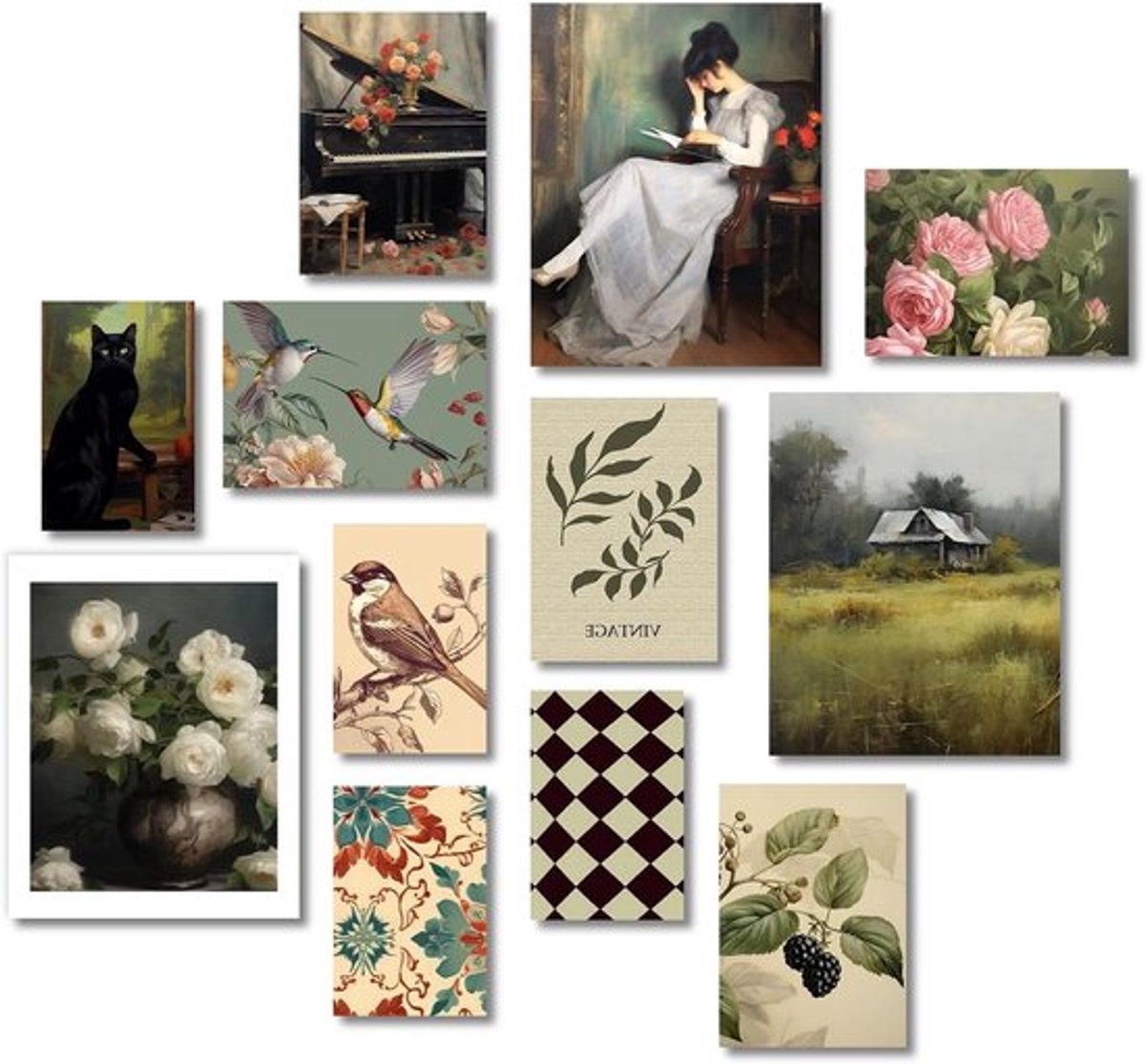 Vintage wandposter Allecto Plus met bloemen en vogels uit Frans