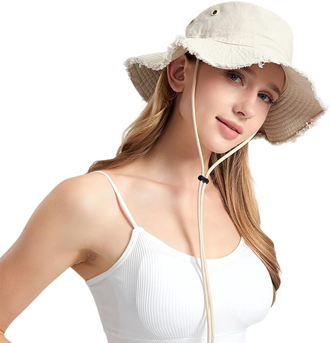 YAGXIG Bucket Hat - Dames Bucket Hat - Zonnehoed - Katoenen Zonnehoed - Zonbescherming Ademend - Opvouwbaar - Vissershoed - Unisex - Beige