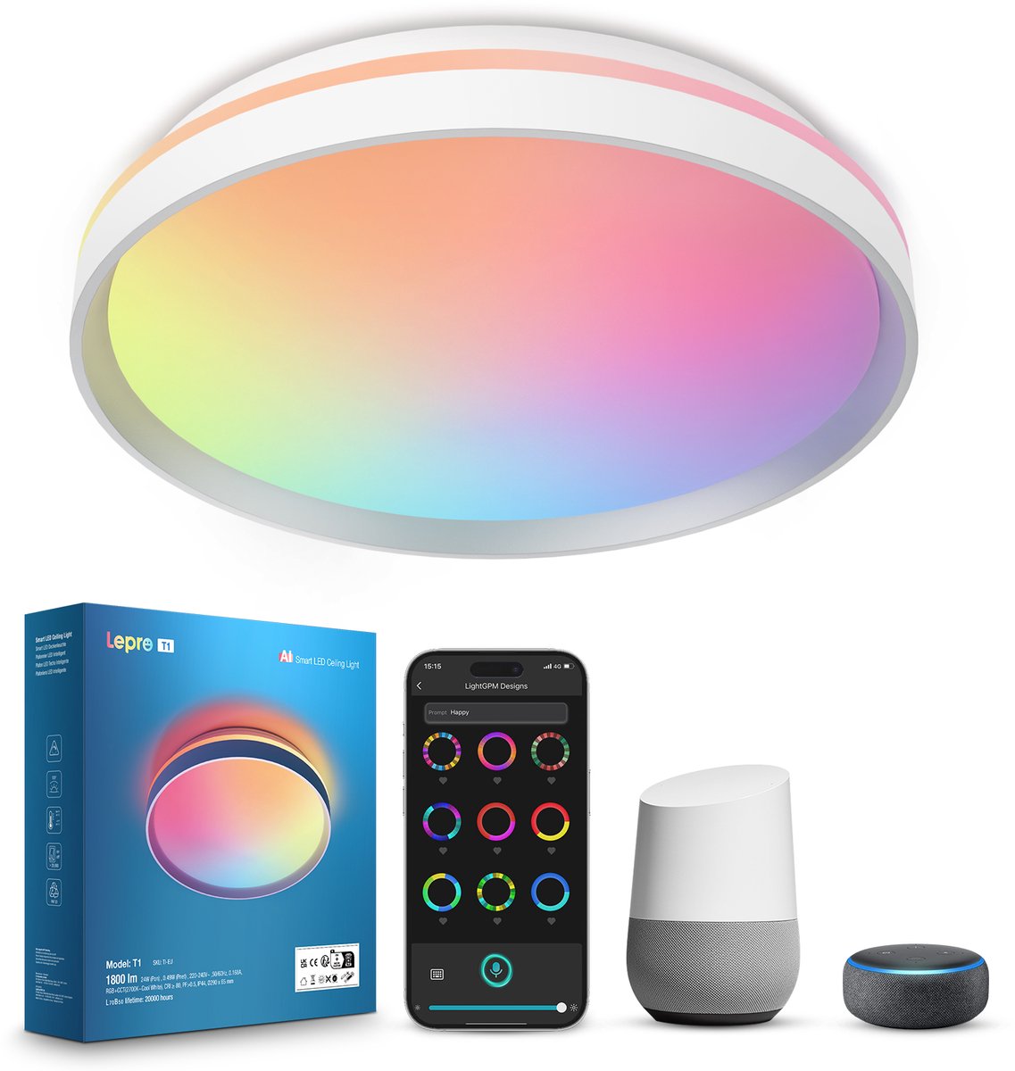 LEPRO T1 Slimme Plafondlamp 24W - LED Plafonnière met AI en Muzieksynchronisatie - Badkamerlamp IP44 - Wifi - 16 Miljoen Kleuren