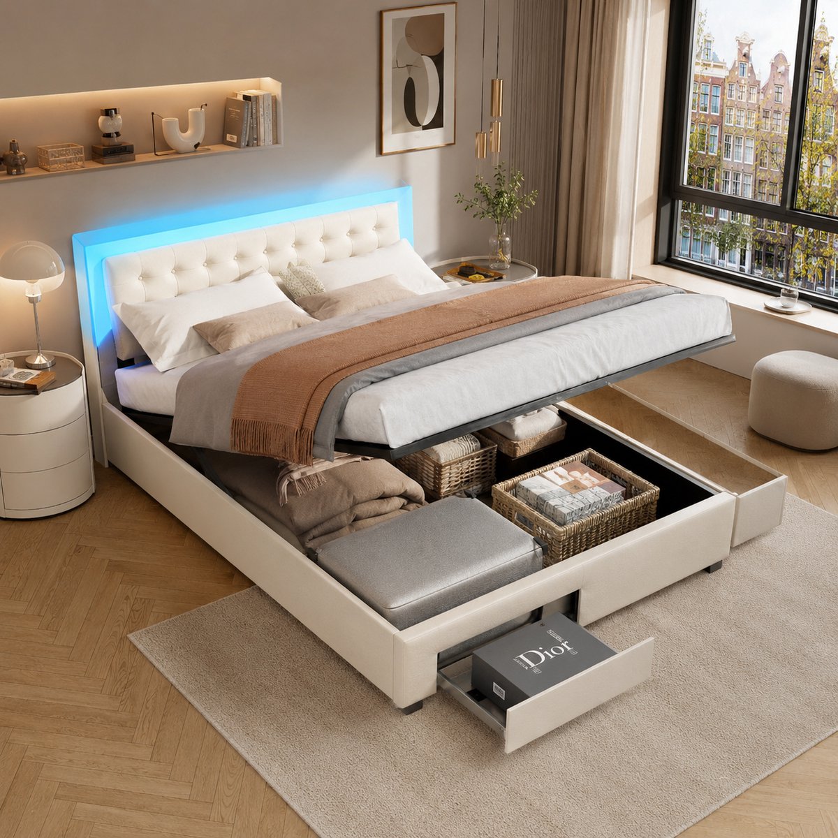 MEXUS Opbergbed 140x190 cm, gestoffeerd bed met ledverlichting, tweepersoonsbed met lattenbodem en gasvering, 2 lades en knoopdetails, fluwelen Beige