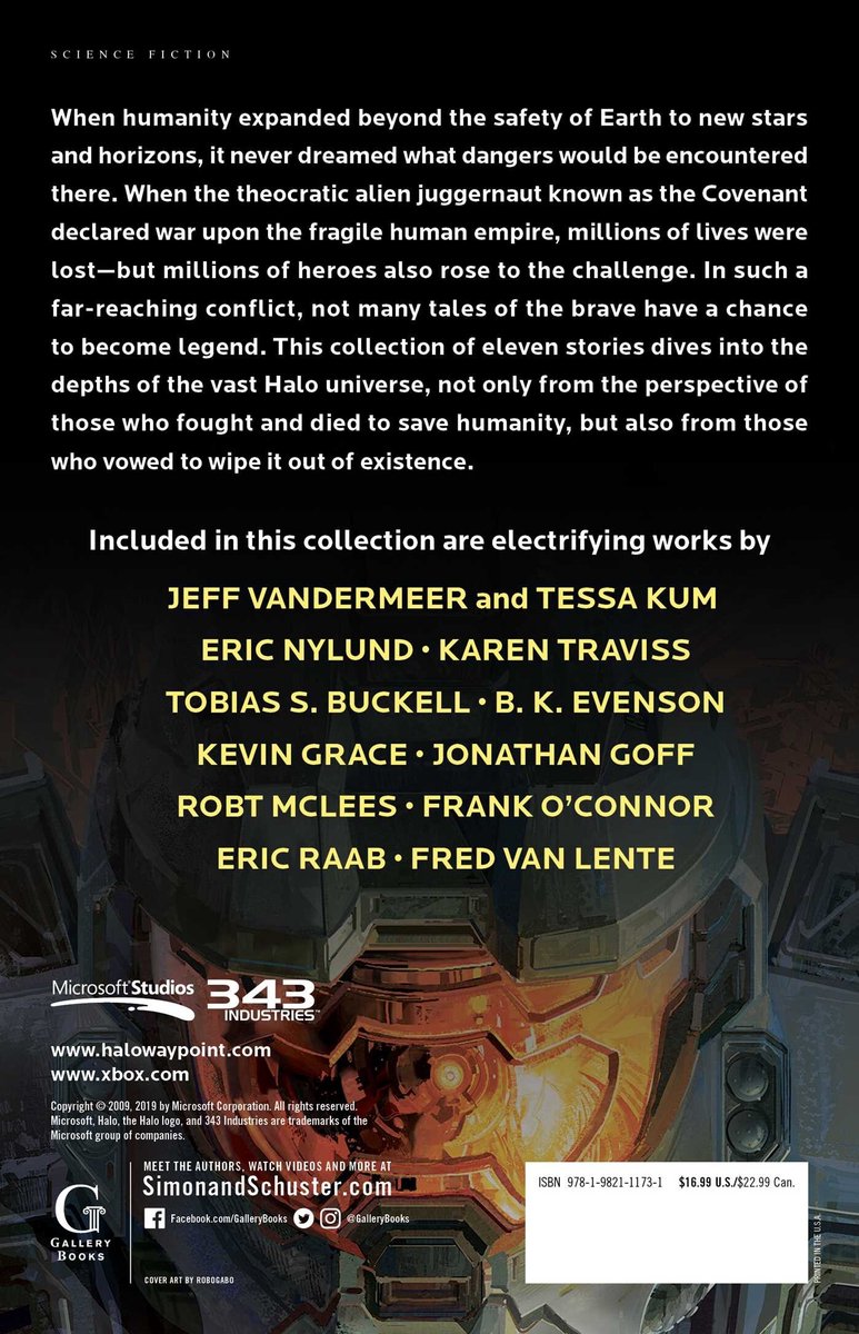 Achterkant van het boek Halo Evolutions met een beschrijving van de verhalen en een lijst met auteurs, waaronder Jeff Vandermeer en Karen Traviss.