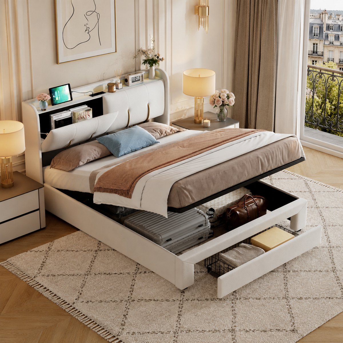 Tweepersoonsbed 140x200 cm, hydraulisch bed met opberglade, Gestoffeerd met USB-aansluiting en ledverlichting, volwassenenbed met lattenbodem, 2-persoonsbed met Opbergruimte in het hoofdbord, Fluweel, Beige