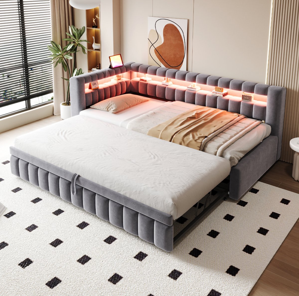 MEUNIQ slaapbank 90x200 cm met uitschuifbaar bed, LED-verlichting, USB en Type-C, opbergvakken in hoofd- en rugdeel, lattenbodem, grijs Donkergrijs