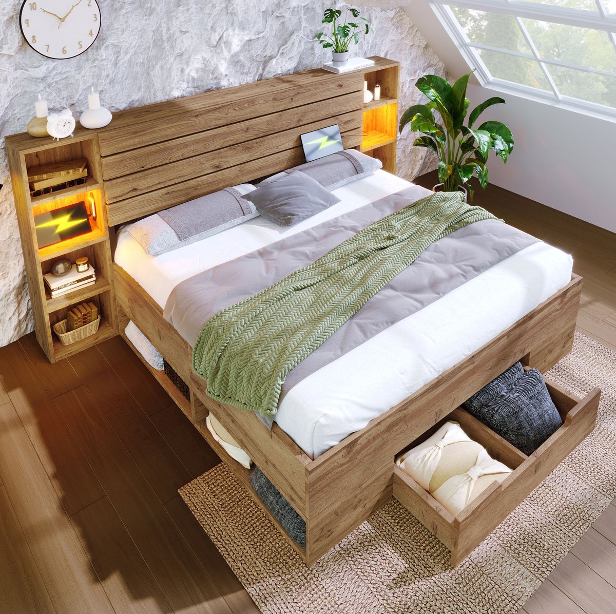 MEUNIQ Bedframe 160 x 200 cm met opbergruimte, LED-verlichting, USB- en Type-C-aansluiting, lades en open vakken, eiken