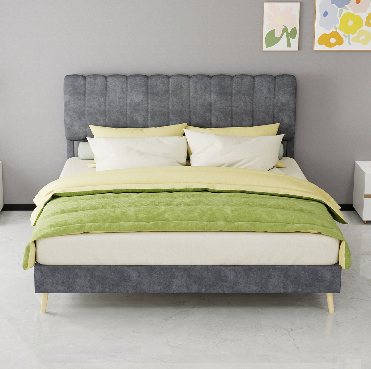 MEUNIQ gestoffeerd bed 160x200 cm met zacht hoofdbord en lattenbodem, normaal tweepersoons bedframe voor slaapkamer, grijs, matras niet inbegrepen