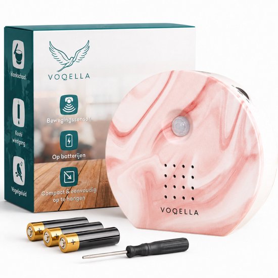 Voqella vogelhuisje met geluid, rood-wit marmer, inclusief batterijen en schroevendraaier.