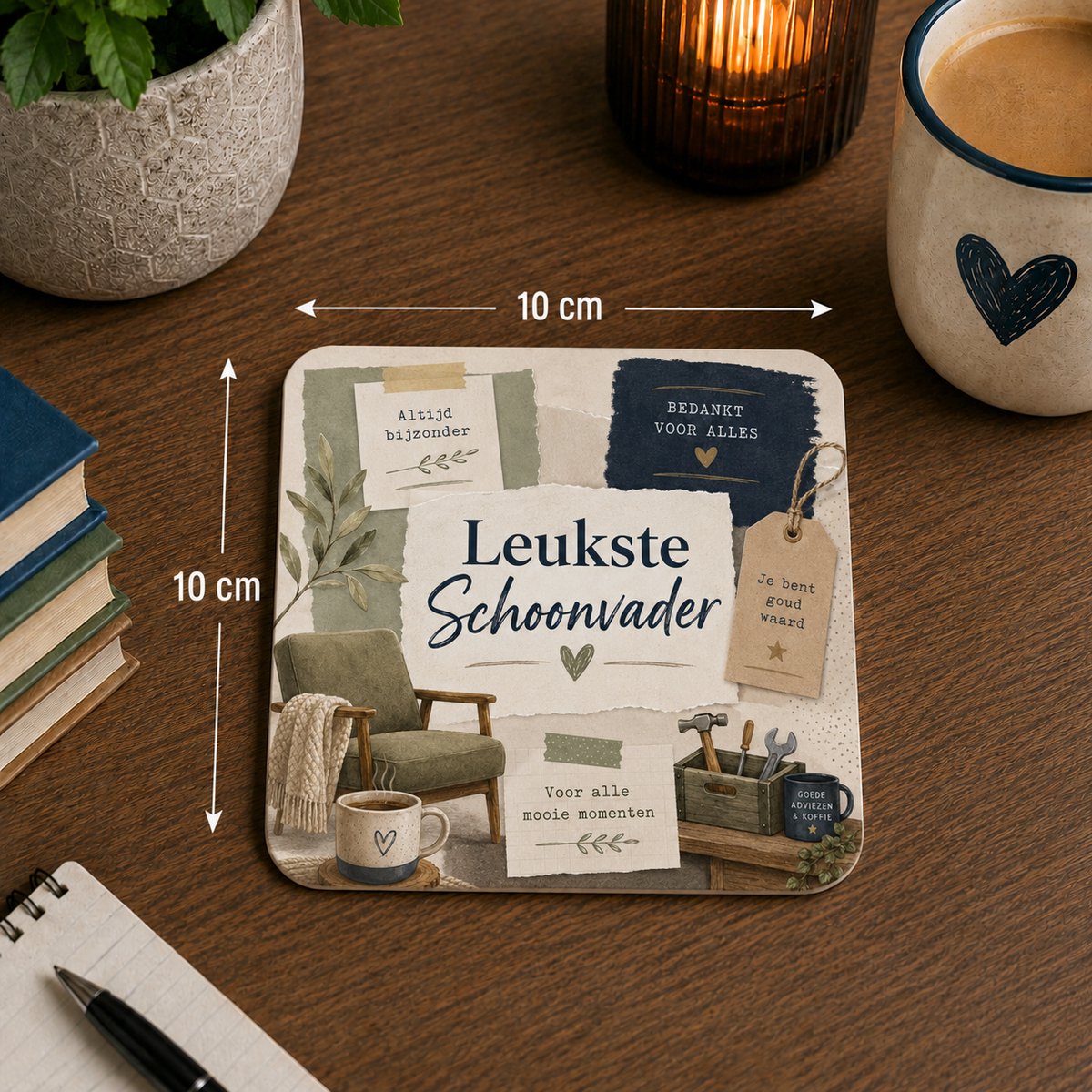 Onderzetter Leukste Schoonvader – 10 x 10 cm – Vierkante Onderzetter met Vintage Design – Cadeau voor Schoonvader