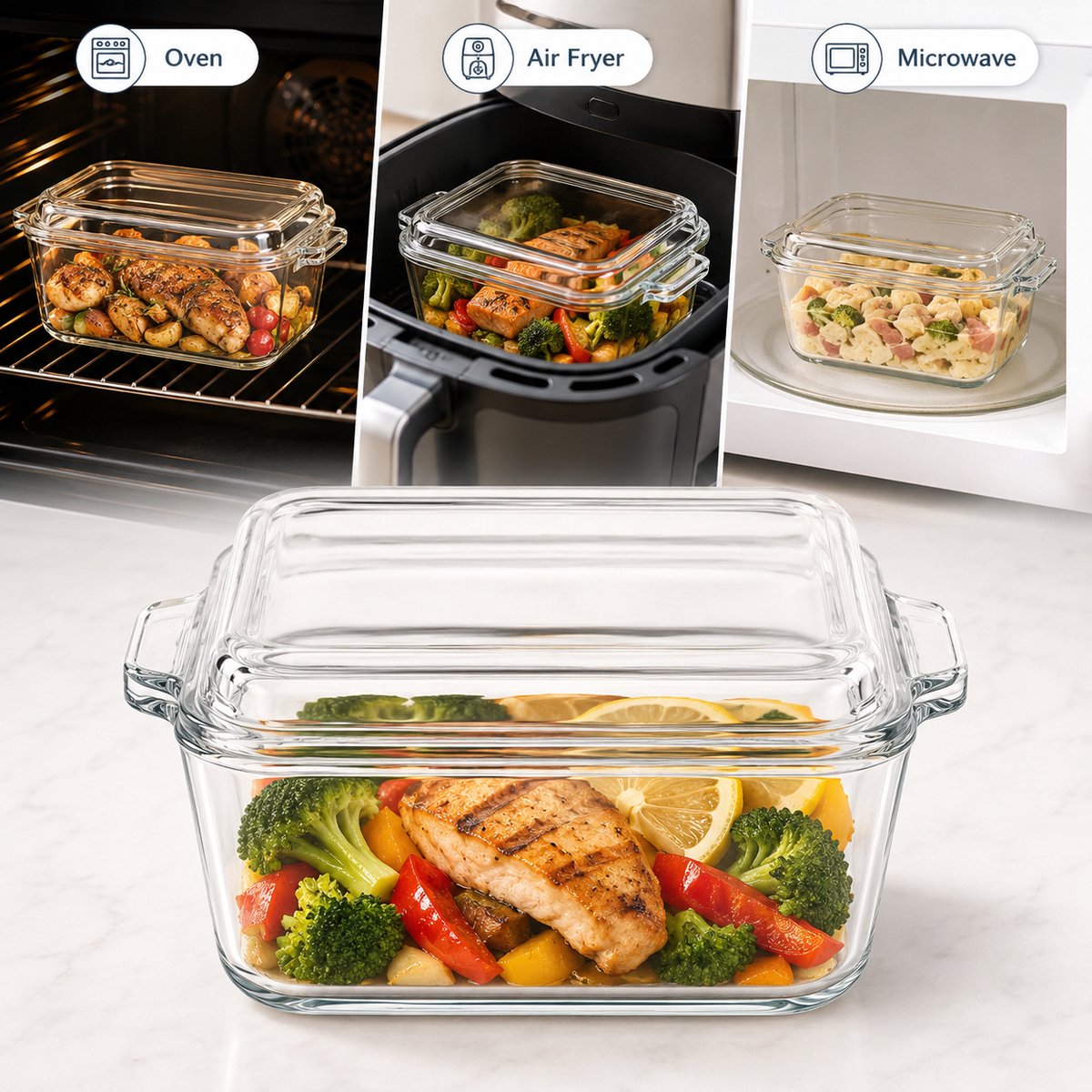 Borosilicaatglazen Ovenschaal met Deksel 17x15x7cm - Geschikt voor Oven, Airfryer, Magnetron en Vaatwasser