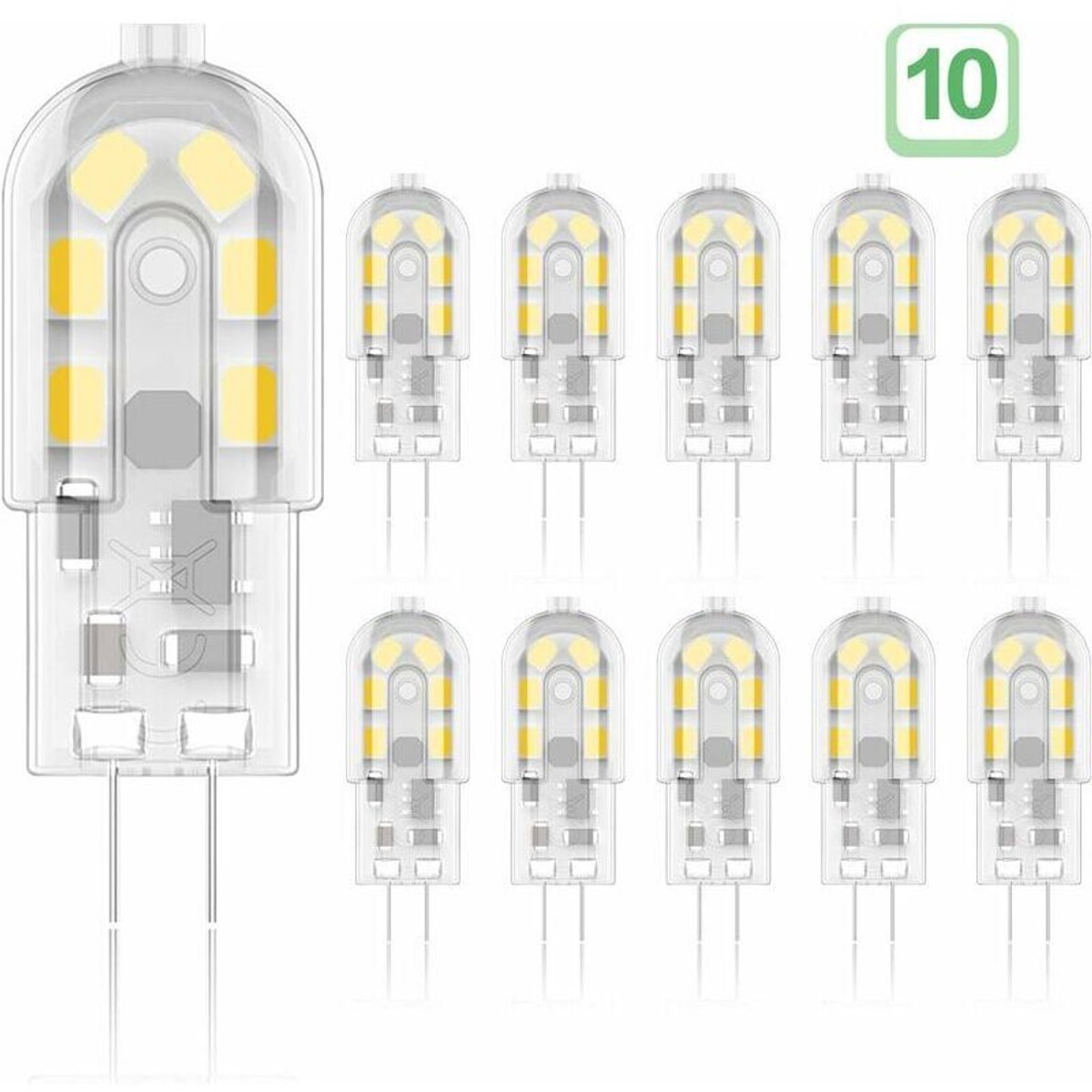 lamp-10 G4 2W LED-lampen, equivalent aan een 20W halogeenlamp, warm wit licht 3000K, 200 lumen, 12 SMD LED-chips, 12V AC/DC.