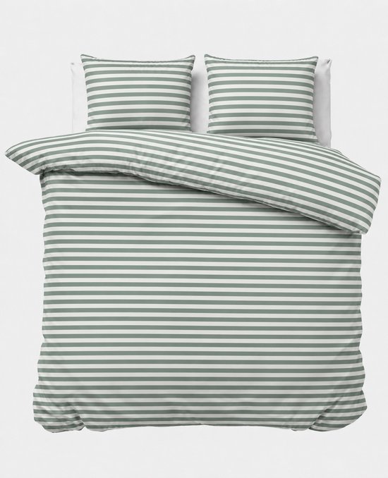 SLEEPIO Soft Cotton - Dekbedovertrekset 3-delig 160x220 cm inclusief Laken 160x240 cm - 1 Kussensloop 50x70 cm - 100 % Katoen - met rits - Groen Gestreept