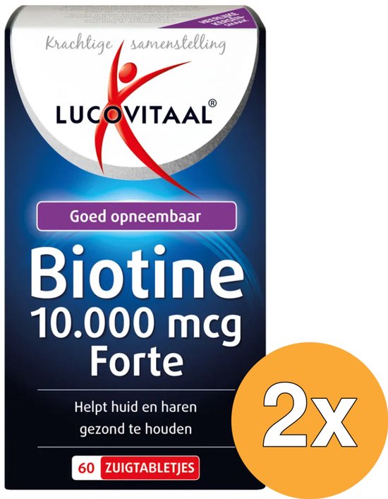 Lucovitaal Biotine 10.000 mcg Forte zuigtabletten. Krachtige samenstelling, goed opneembaar. Verpakking met 2x60 zuigtabletten.