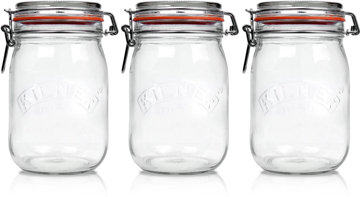 Kilner Weckpot 1000ml | Voordeelset van 3 stuks | Premium kwaliteit | Robuust en Voedselveilig | Ideaal als voorraadpot, inmaakpot of conserveerpot | Nu met GRATIS Airtender Vacuümdeksels & -pomp