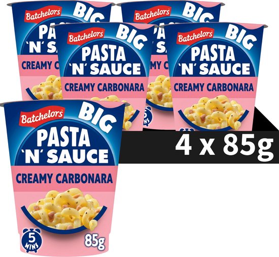 Vier bekers Batchelors BIG Pasta n' Sauce Creamy Carbonara. De bekers hebben de tekst '4 x 85g'.