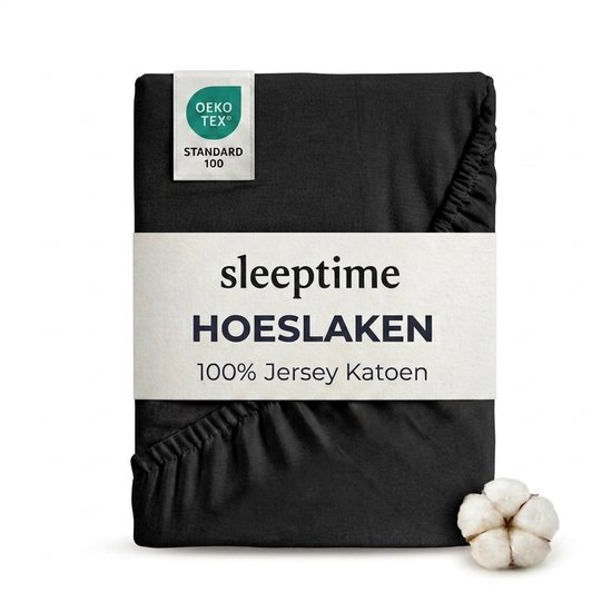 Zwart hoeslaken van 100% jersey katoen met OEKO-TEX label en witte band met 'sleeptime HOESLAKEN' tekst.