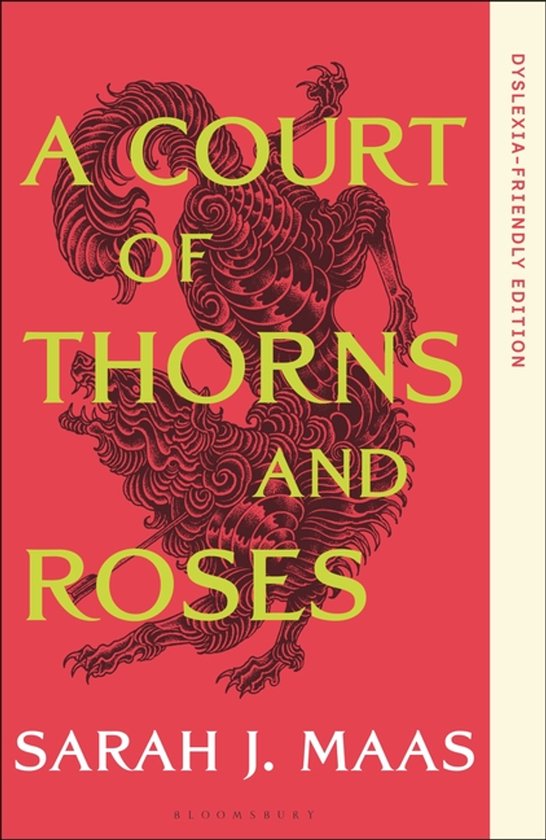 Boek "A Court of Thorns and Roses" met een rode kaft, groen en zwarte illustratie van een wezen en groene tekst.