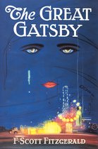 Boekcover van 'The Great Gatsby' met een blauw gezicht en een stadsgezicht.