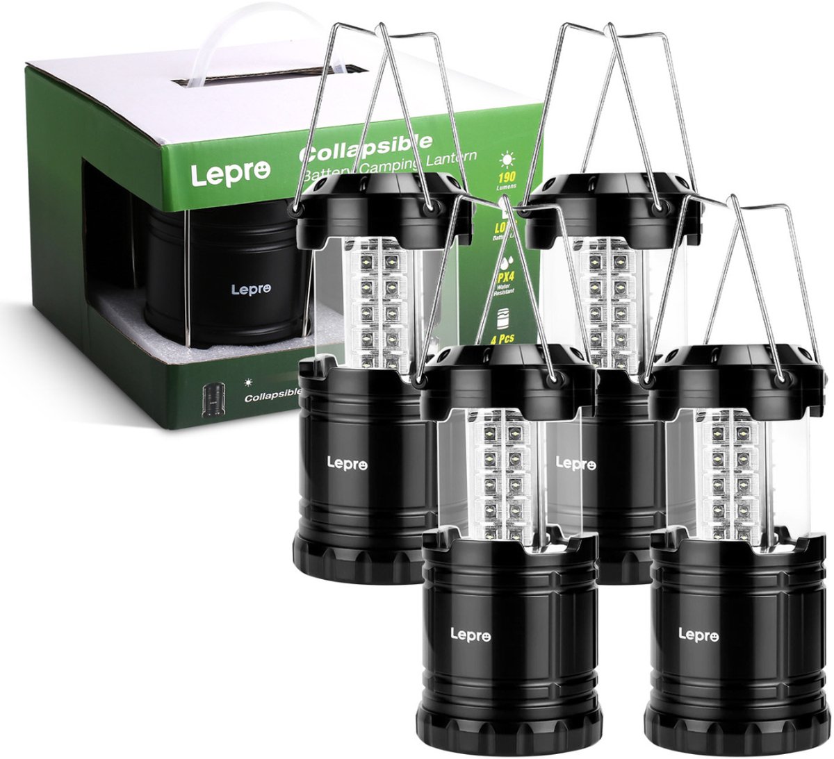 LEPRO Kampeerlamp Set 4 Stuks - Opvouwbare Tentlamp op Batterijen - IPX4 Waterdicht - 140 Lumen