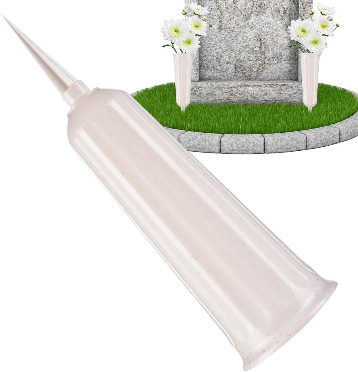 Grafvaas met pen - Begraafvaas steek - Graf decoreren - Kantelvrij ontwerp - 30 cm hoogte - Wit