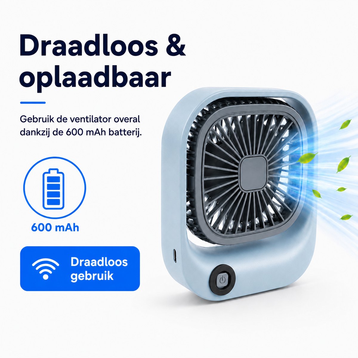Kleine Draagbare Bureauventilator - Compacte USB-C Ventilator - Mini Tafel Ventilator 3 Standen - voor Auto, Kantoor & Onderweg - Lichtgewicht Mini Desk Fan - Kleine Oplaadbare Ventilator - Handventilator Oplaadbaar - Handwaaier - Blauw - Silvergear — afbeelding 3