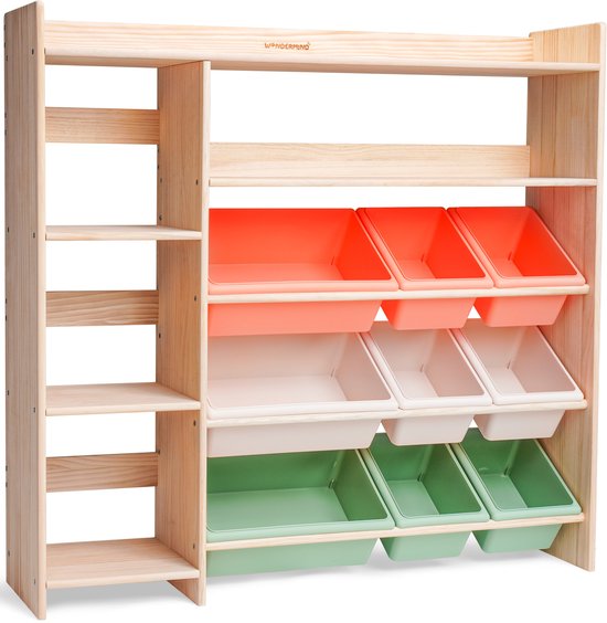 Een houten opbergkast voor kinderen met oranje, witte en groene bakken.