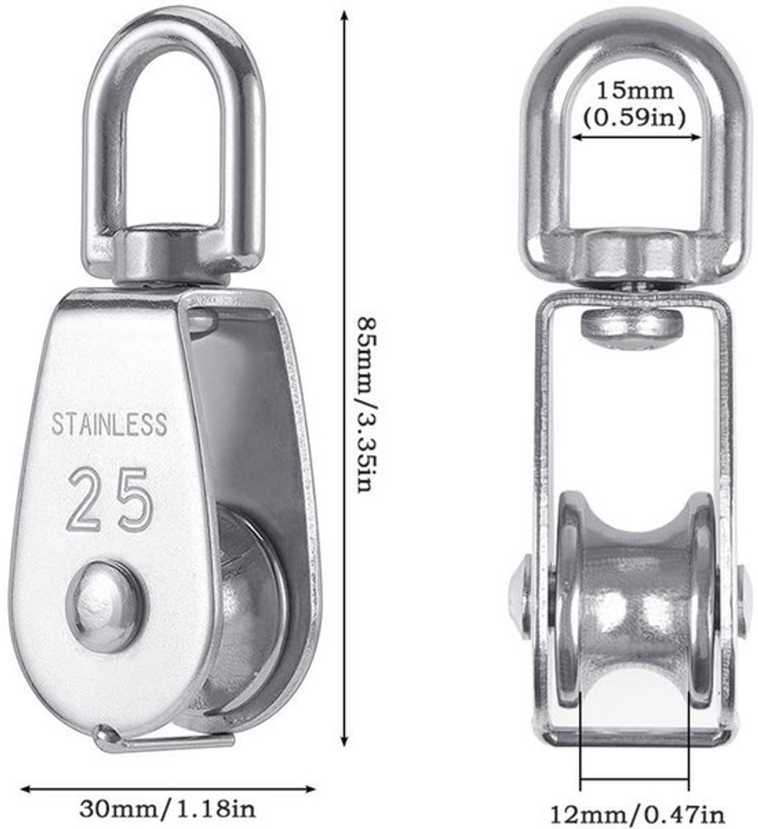 Virtubuy - Monoblock blokken - Roestvrij staal - 25 mm - Sterke kabelpulley