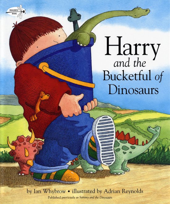 Een jongen met rood haar in een blauwe emmer vol dinosaurussen, met de titel Harry en de emmer vol dinosaurussen.