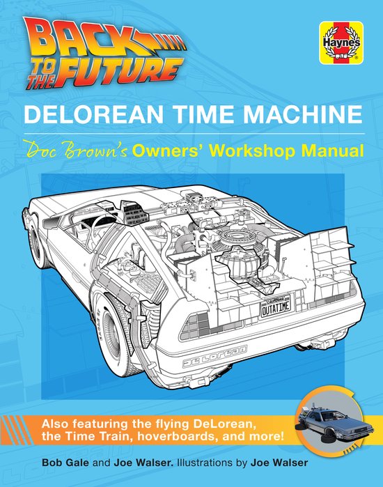 Grijze illustratie van de DeLorean Time Machine met de motor zichtbaar, Haynes logo en "Back to the Future" logo.