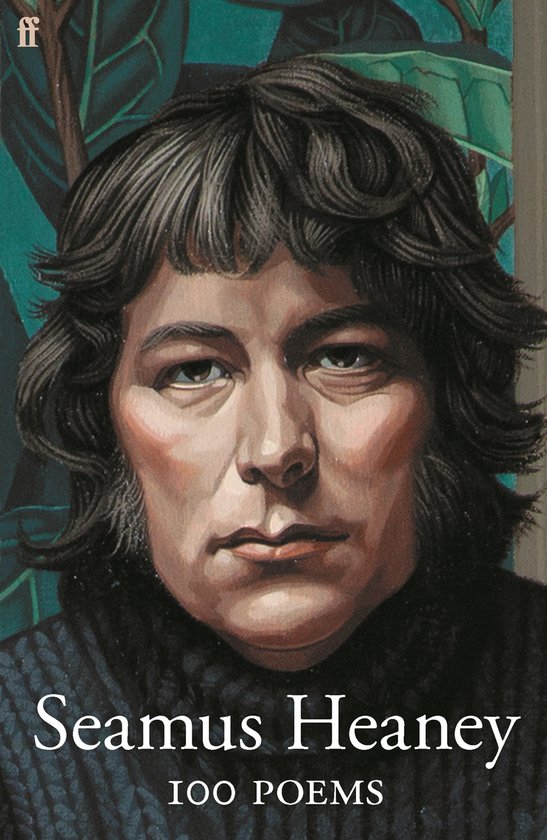 Boek met de titel '100 Poems' door Seamus Heaney, met een portret van de schrijver en de letters 'ff' in de linkerbovenhoek.