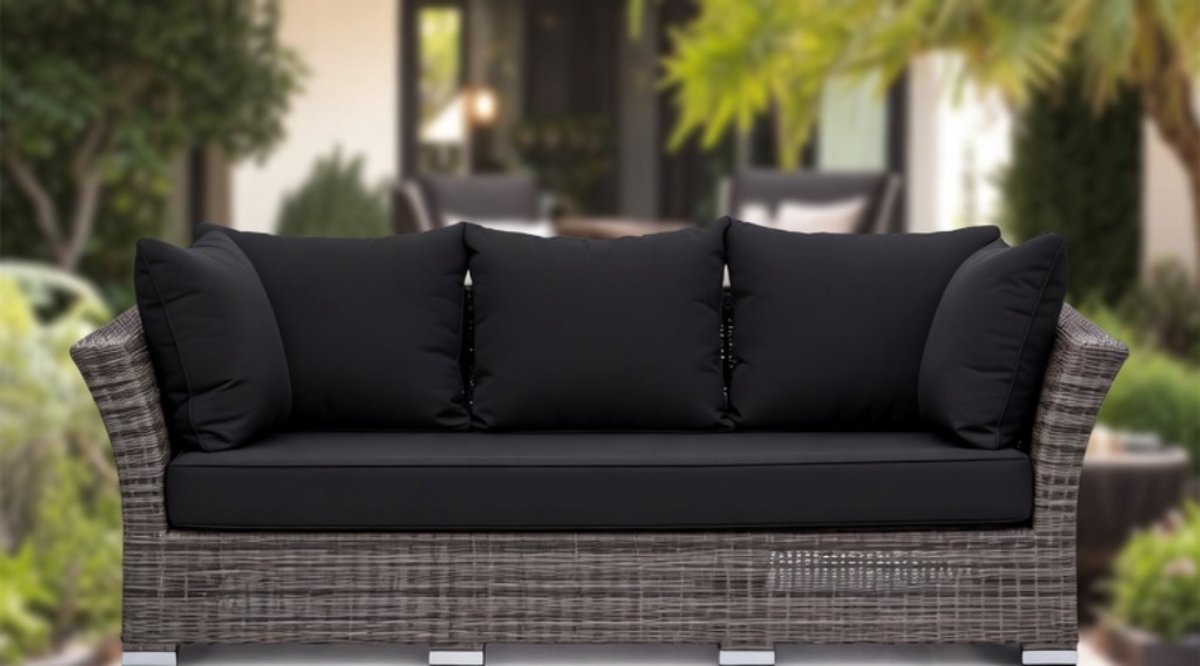 Gartensofa mit 5 Sitzern mit Kissen, Polyrattan, Schwarz, Outdoor-Sofa, Garten-Set, wetterfest, L410H112-Medahomestore